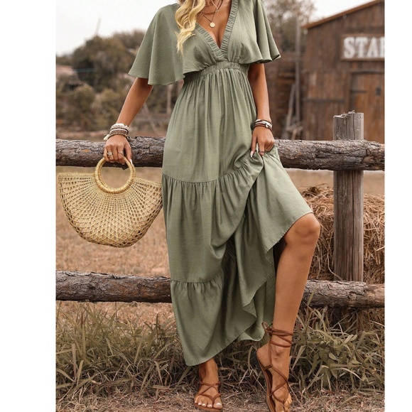 Boho Solid Deep V neck Butterfly Sleeve Ruffle Hem Maxi Dress - Picture 2 of 9